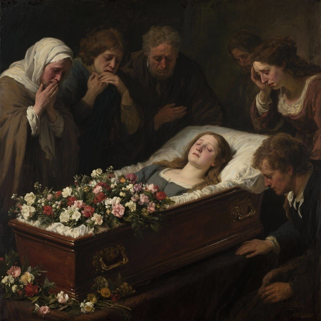 Grieving Loved Ones Surround Woman in Casket