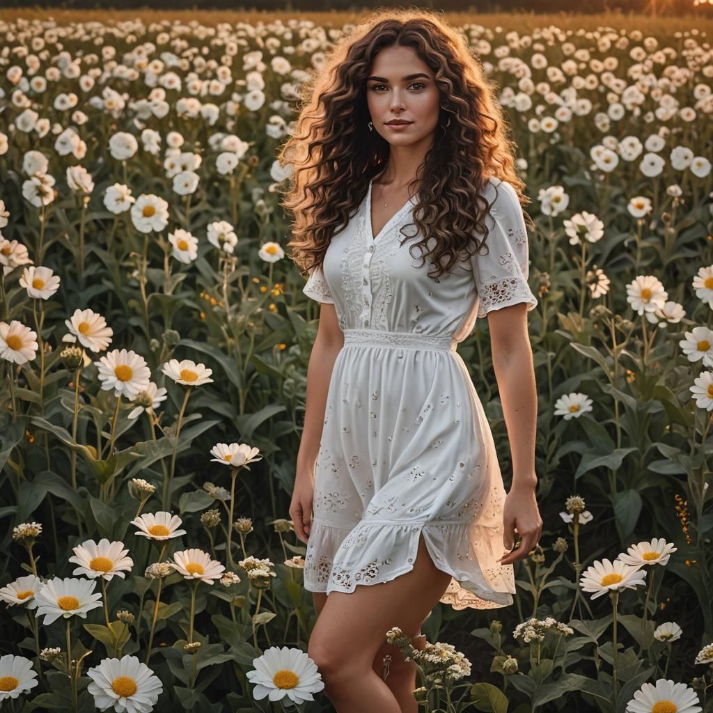 Woman in Flower Field, Realistic Portrait Photography