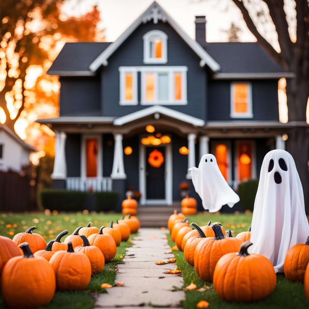 Spooky Cute Halloween House with Ghost and Pumpkins
