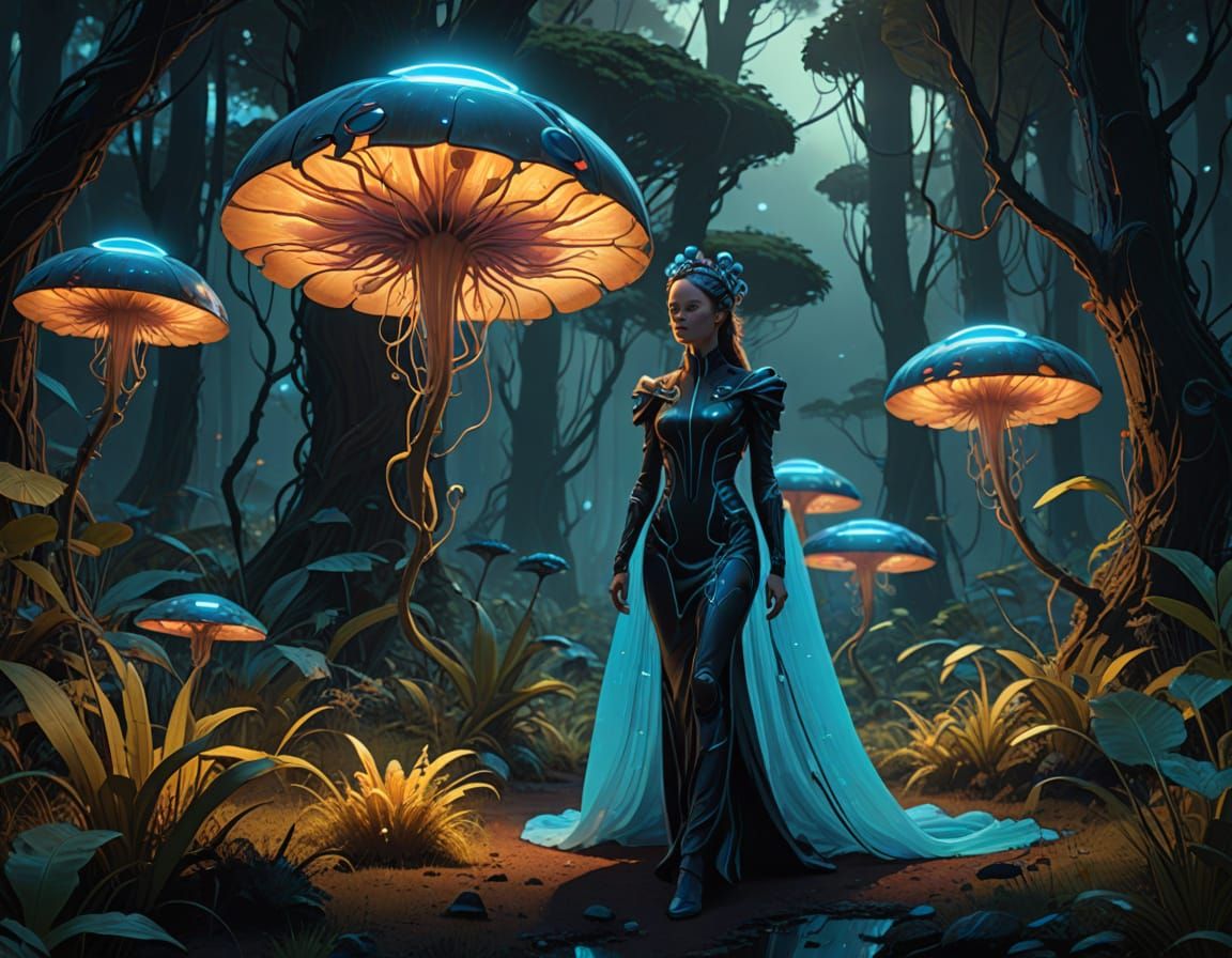 Ethereal Goddess in Bioluminescent Gown Walks Through Glowin...