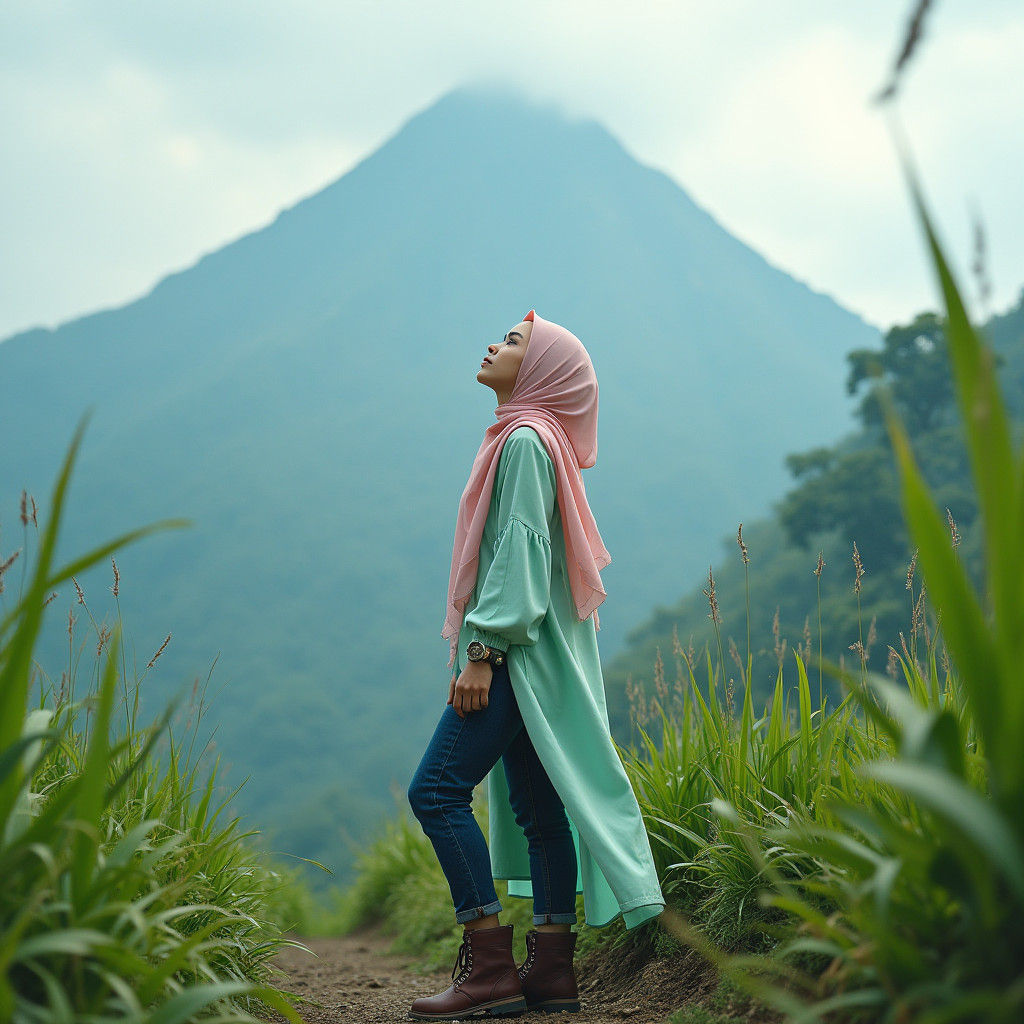 Woman in Hijab at Kinabalu Mountain: Fantasy Concept Art