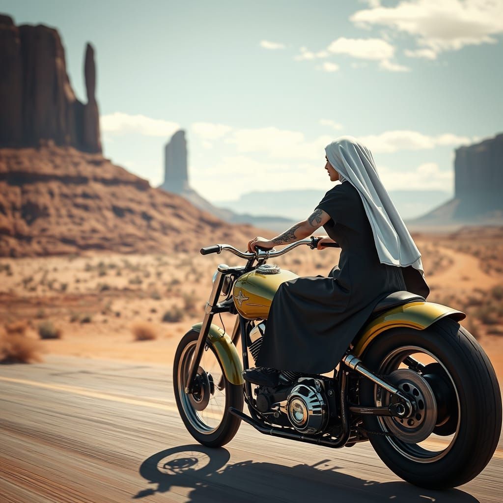 Nun Rides a Chopper Through Monument Valley