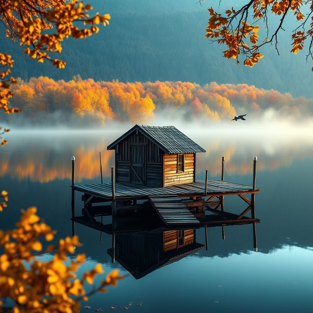Boathouse at Dawn: Autumnal Lake Reflection