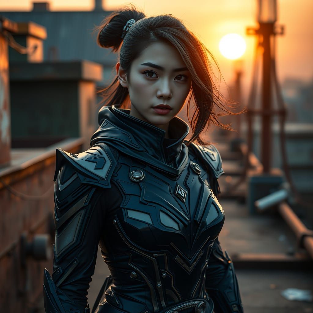 Chinese Superhero in High-Tech Ninja Armor at Sunset