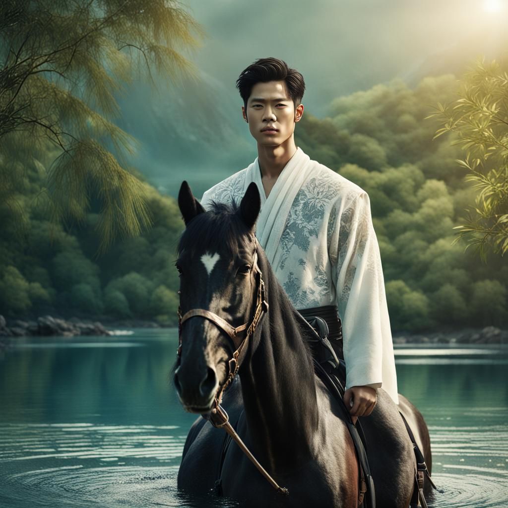 Actor in Lake with Horse and Owl, Fantasy Art