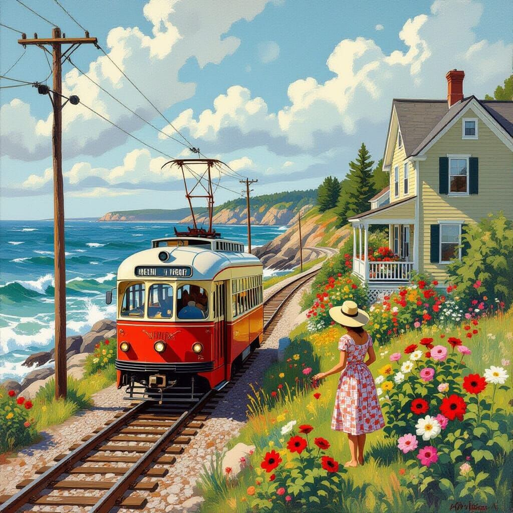 Vintage Streetcar on Maine Coastline: Impressionistic Painti...