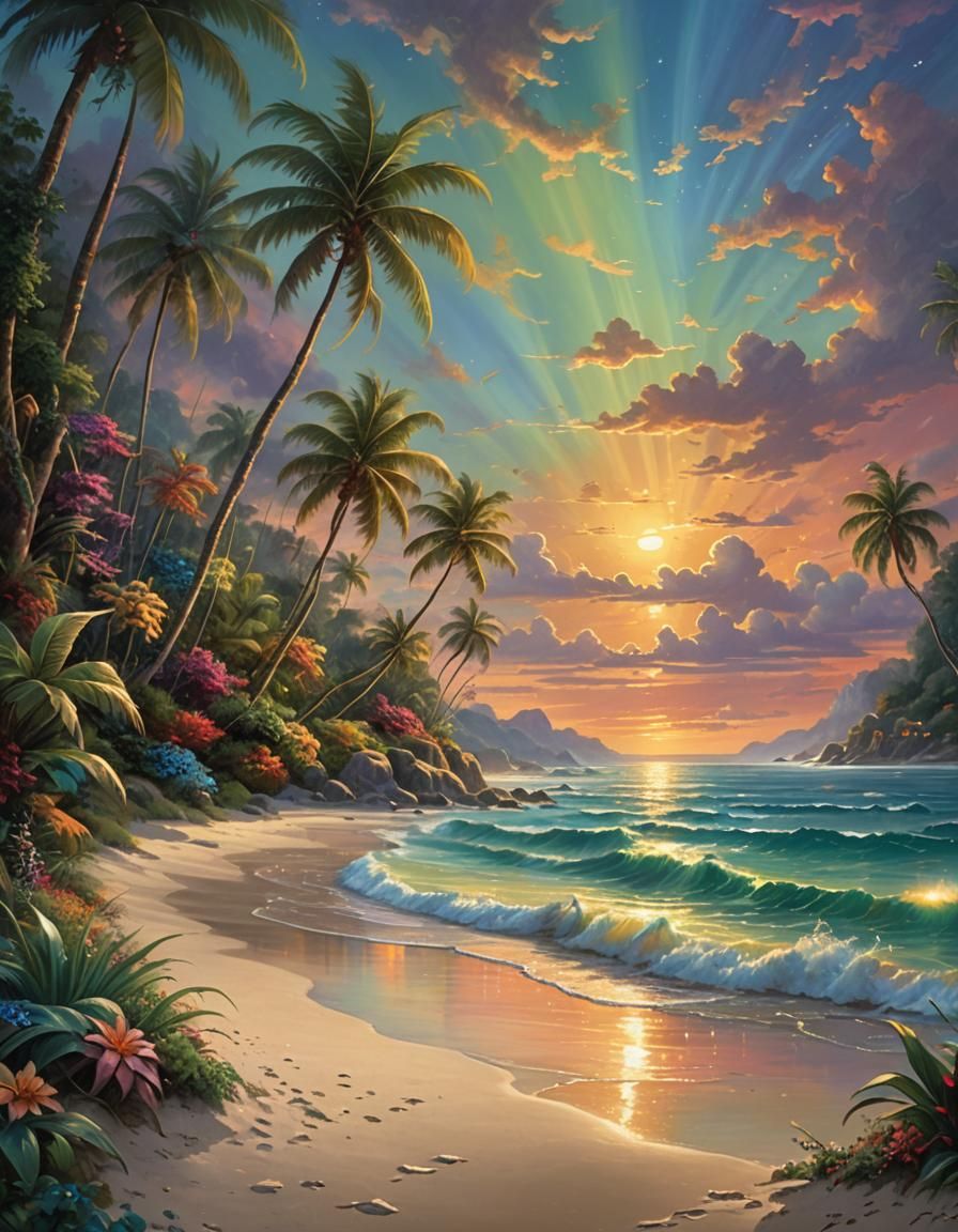 Bioluminescent Paradise Sunset in Kinkade Style