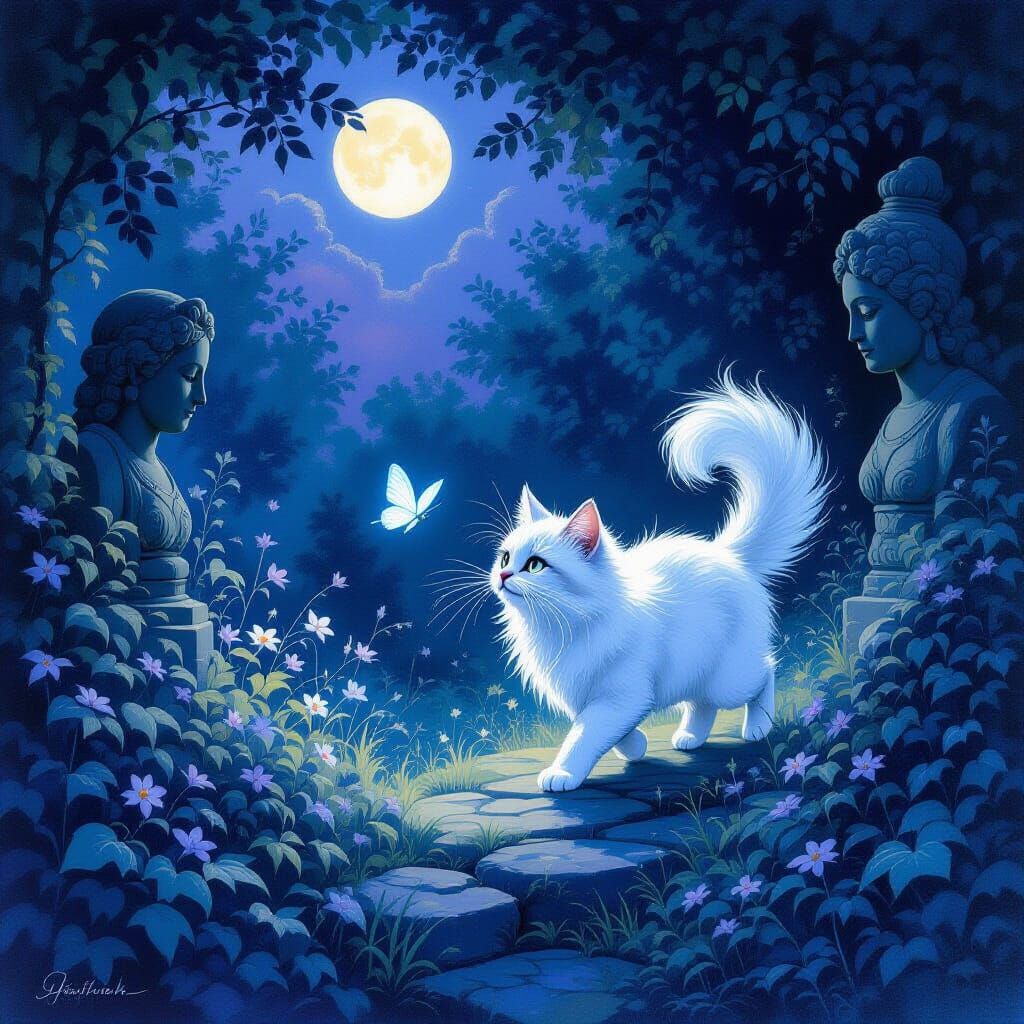 Moonlit Cat Chases Spectral Butterfly in Enchanted Garden