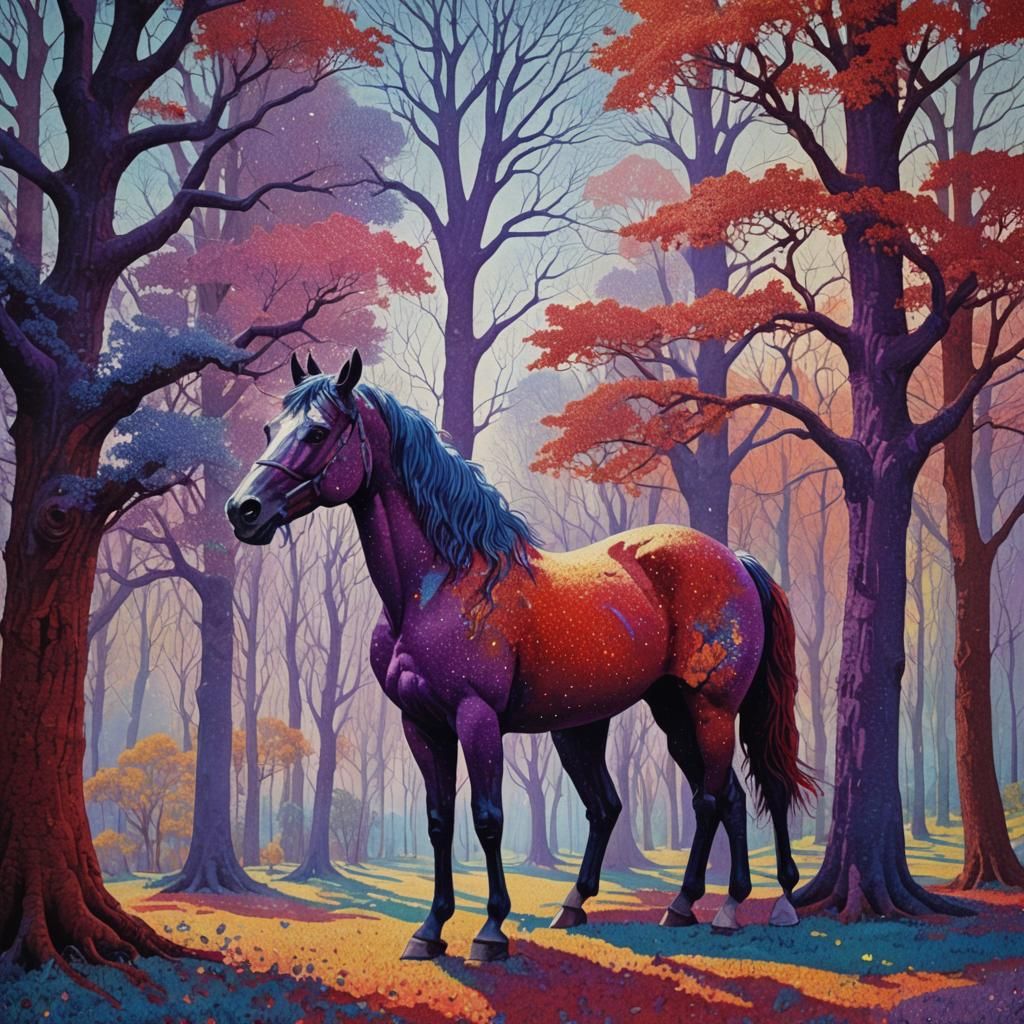 Surreal Pointillism: Horse and Trees in Acrylic Art