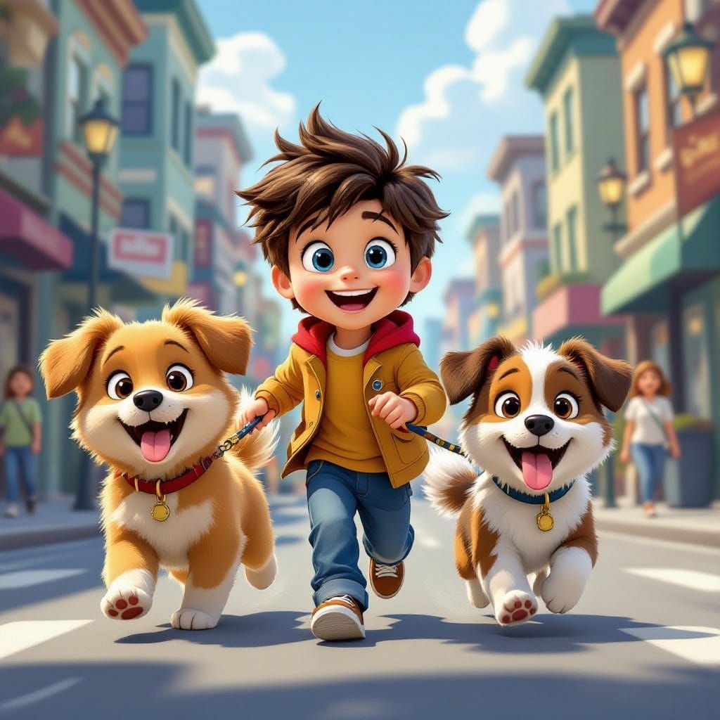 Boy Joyfully Pulled by Cartoon Dogs on City Street
