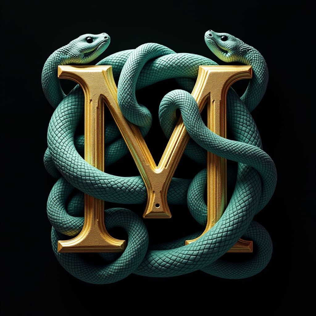 Celtic Knot Snakes Embrace Letter M in Fantasy Art