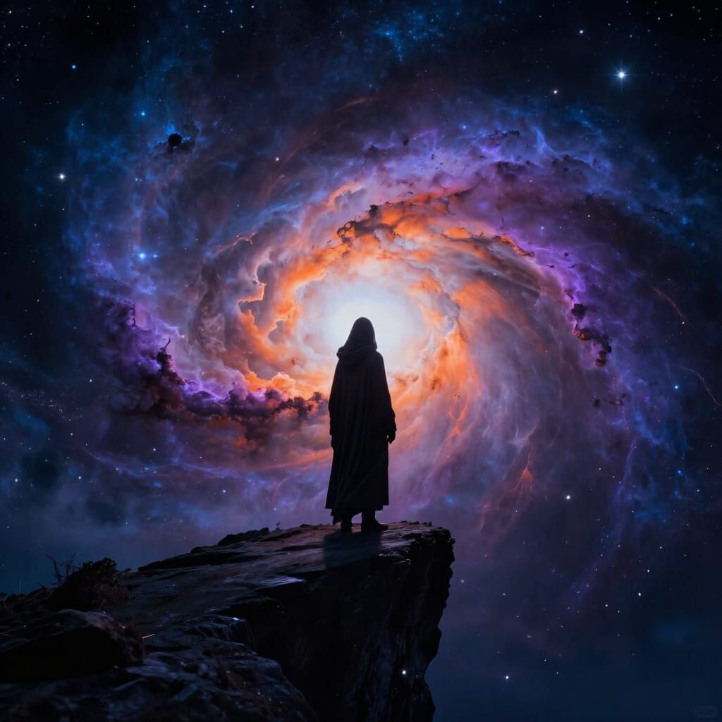 Mysterious Figure Gazes at Swirling Cosmic Nebula