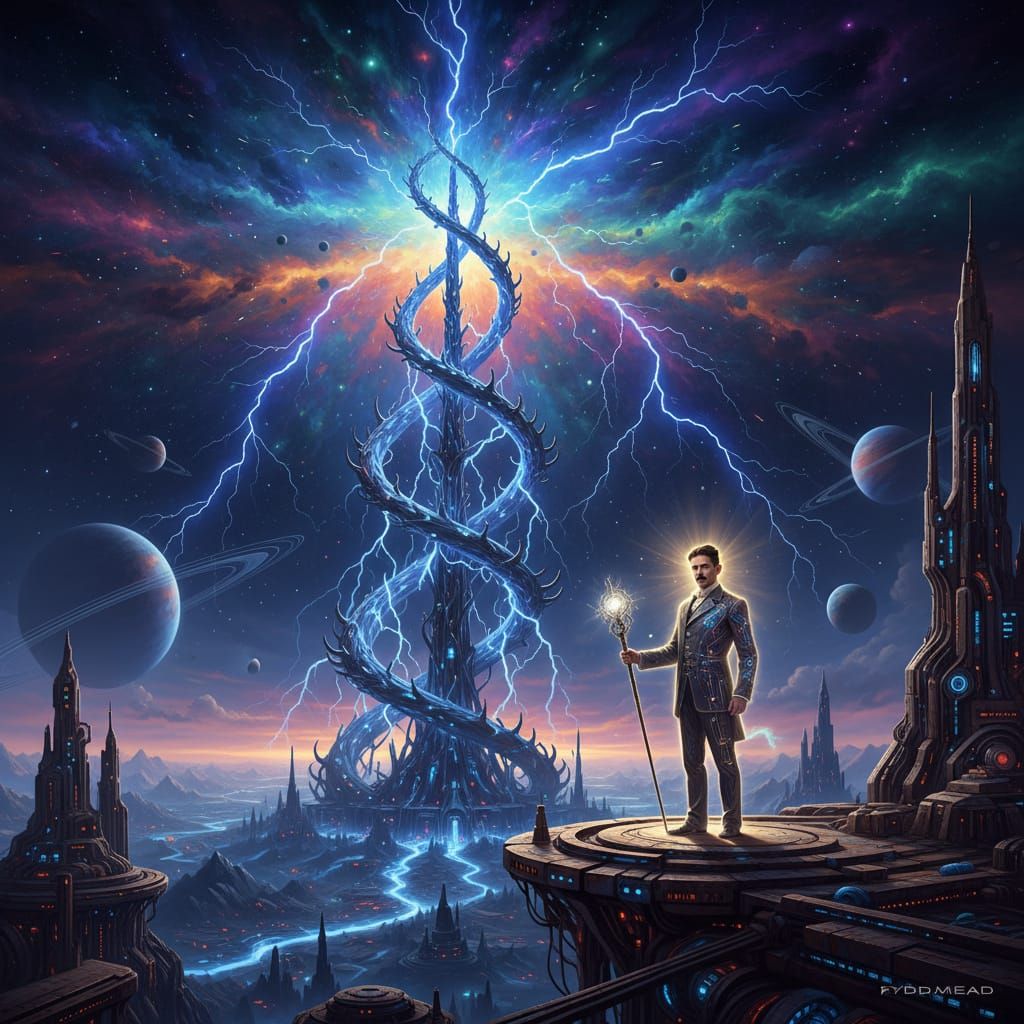 Nikola Tesla with Cosmic Tesla Coil