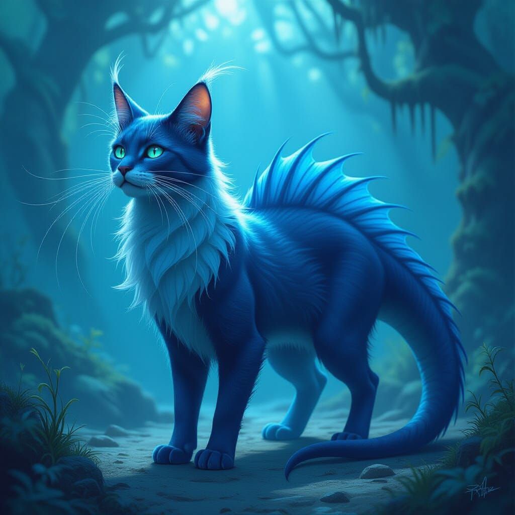 Deep Blue Finned Cat Creature with Eel Tail