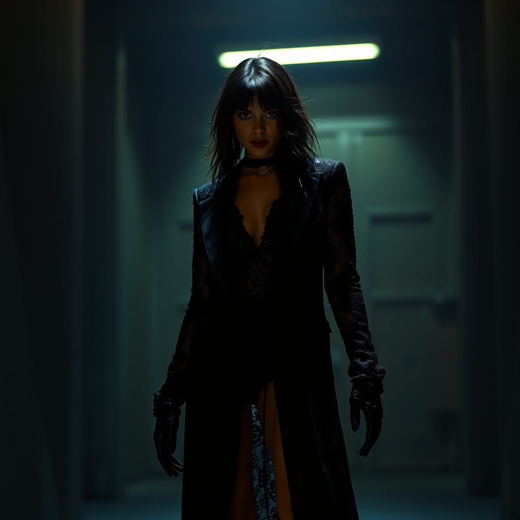 Cyberpunk Figure in Dimly Lit Dystopian Setting