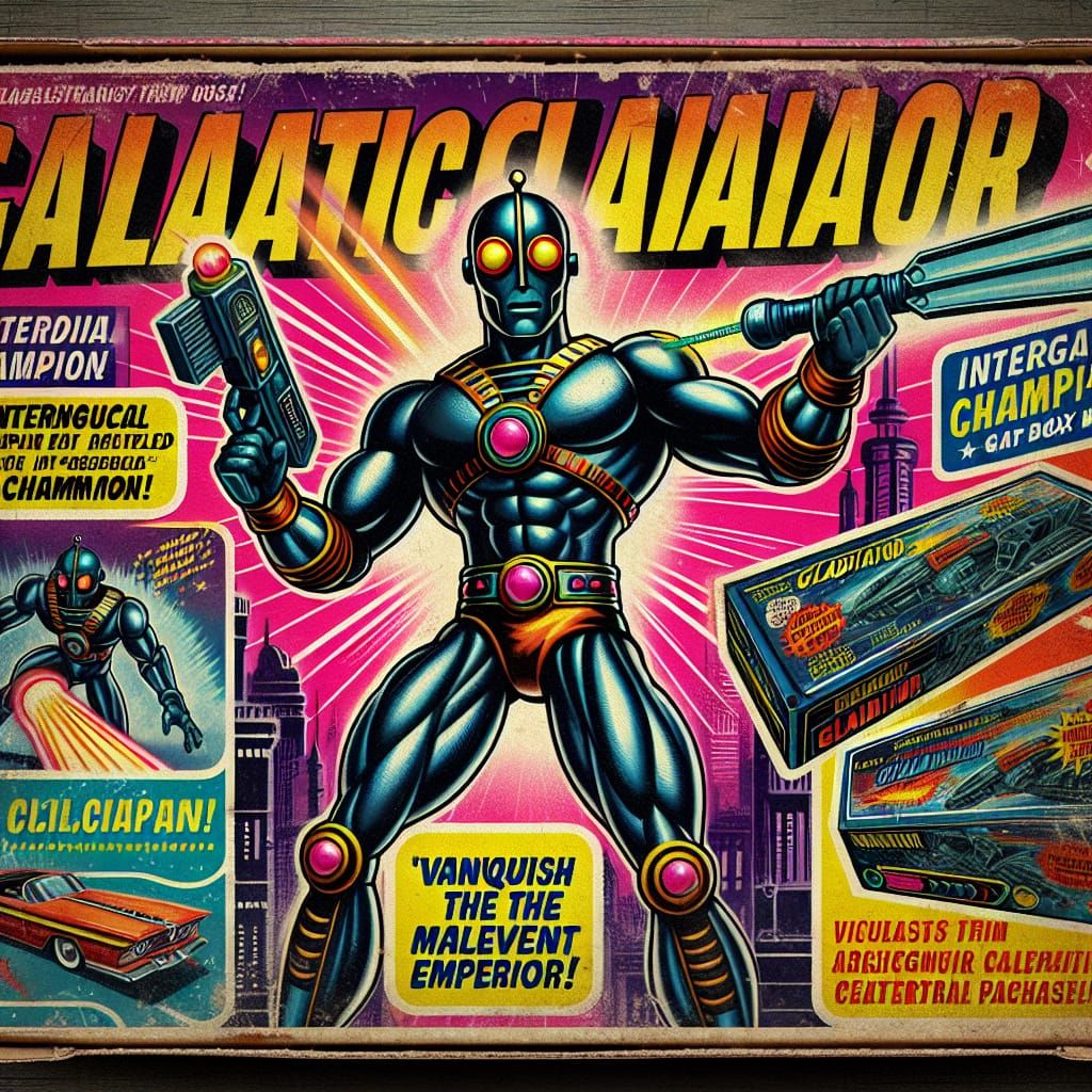 Vintage-Style Galactic Gladiator Action Figure and Box Art