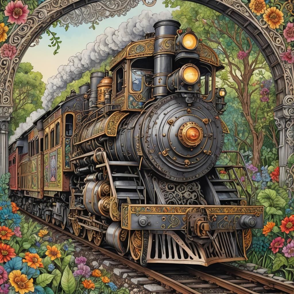 Zentangle Victorian Locomotive in Hyperdetailed Color