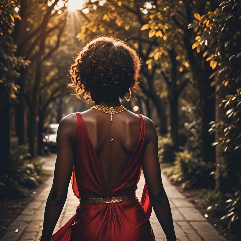 Mysterious Ebony Woman in Red Dress: High Contrast Photograp...