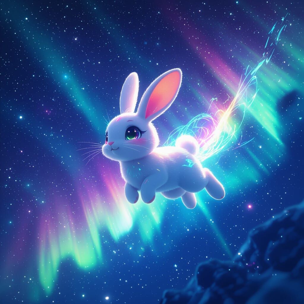Rainbow Bunny Soaring Through Starry Aurora Night Sky