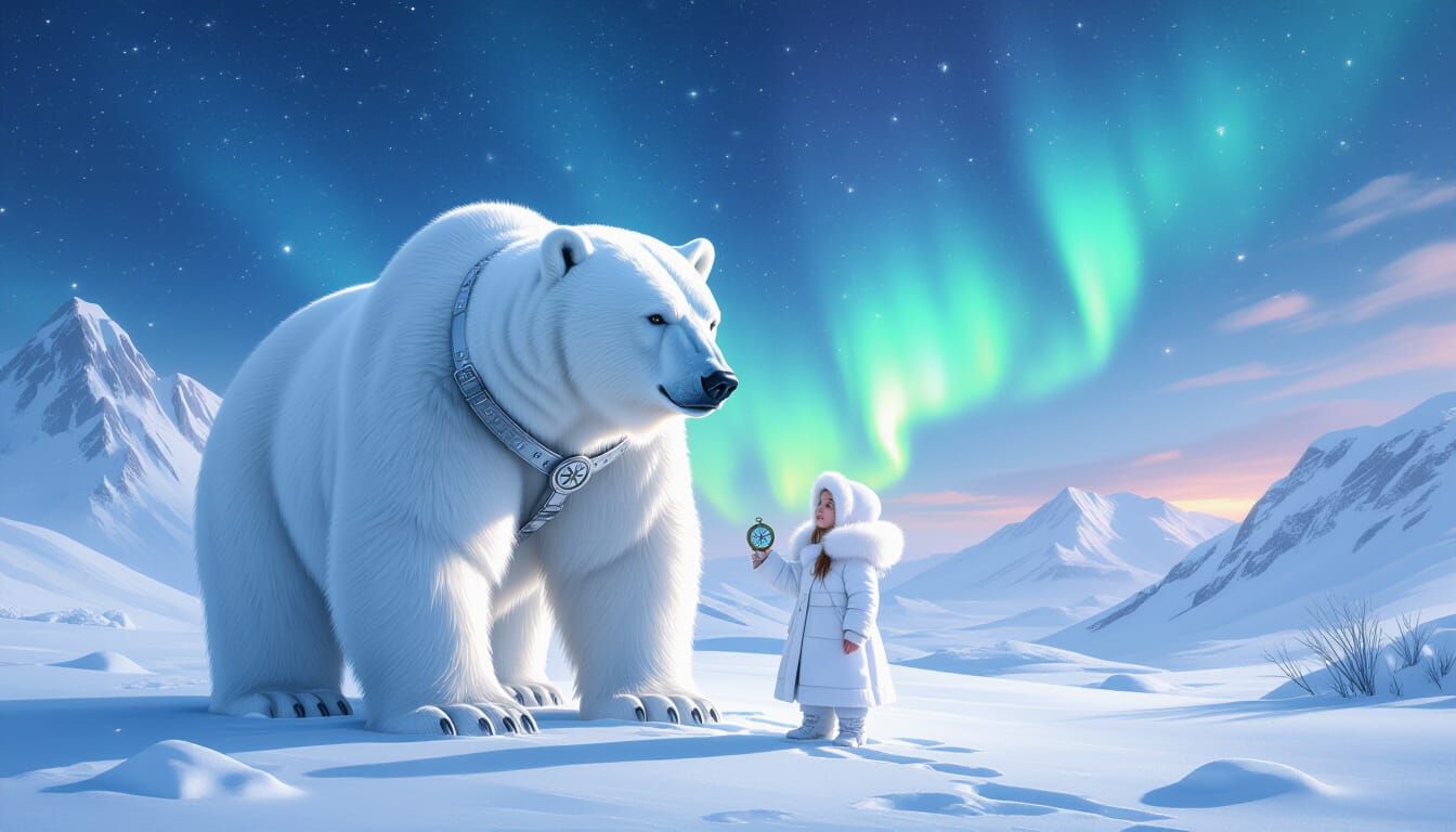 Magical Snowy Landscape with Girl and War Bear Under Aurora