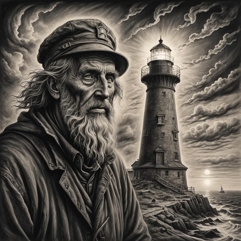 Hyperdetailed Charcoal Drawing of Ghost Lighthouse Keeper