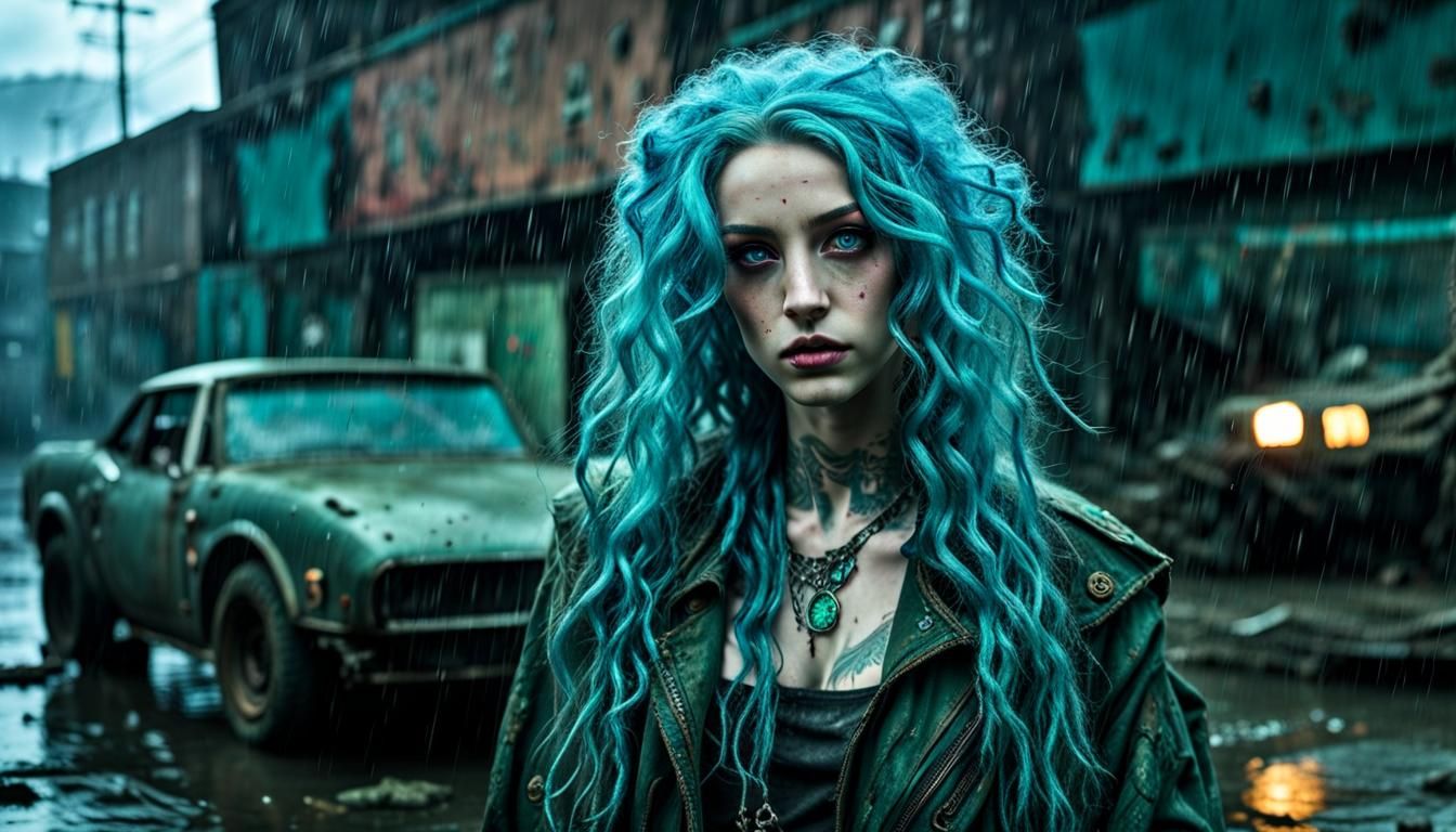 Post-Apocalyptic Siren in Gritty Cyberpunk Scene