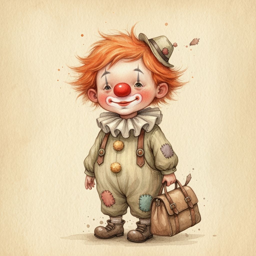 Cute Clown Boy with Travel Bag in Watercolor Style