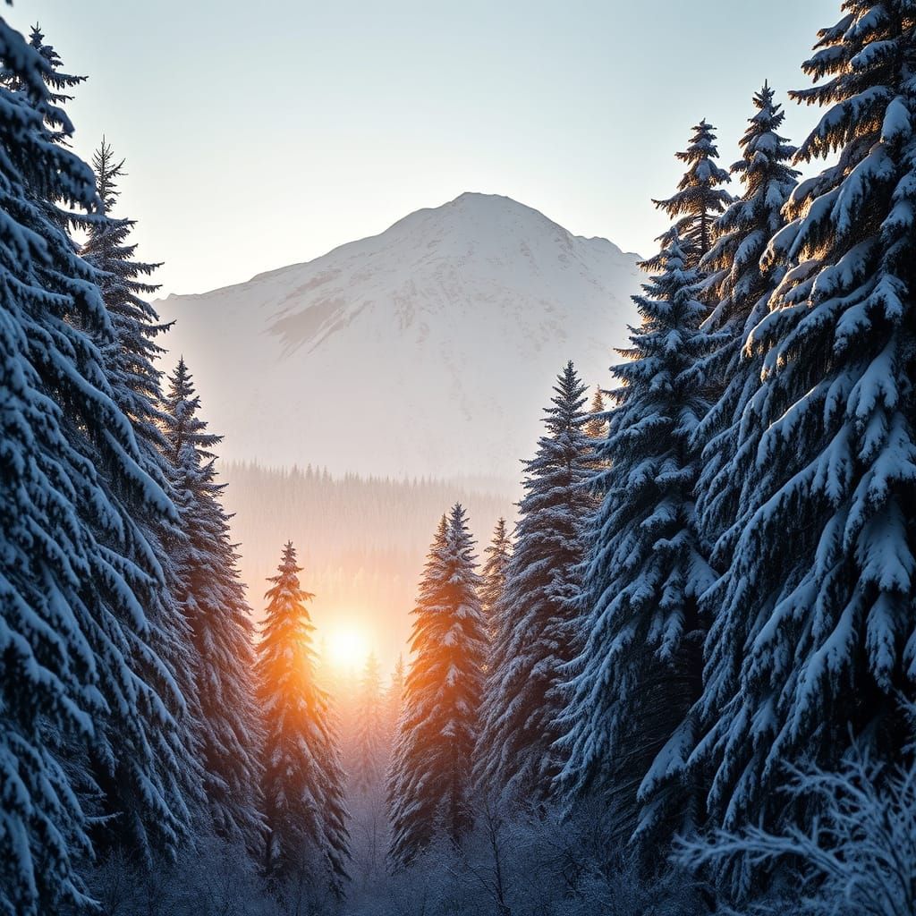 Snowy Forest Dawn Landscape with Mountain View