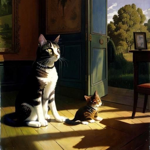 Surreal Cat in Balthus Style Oil Painting