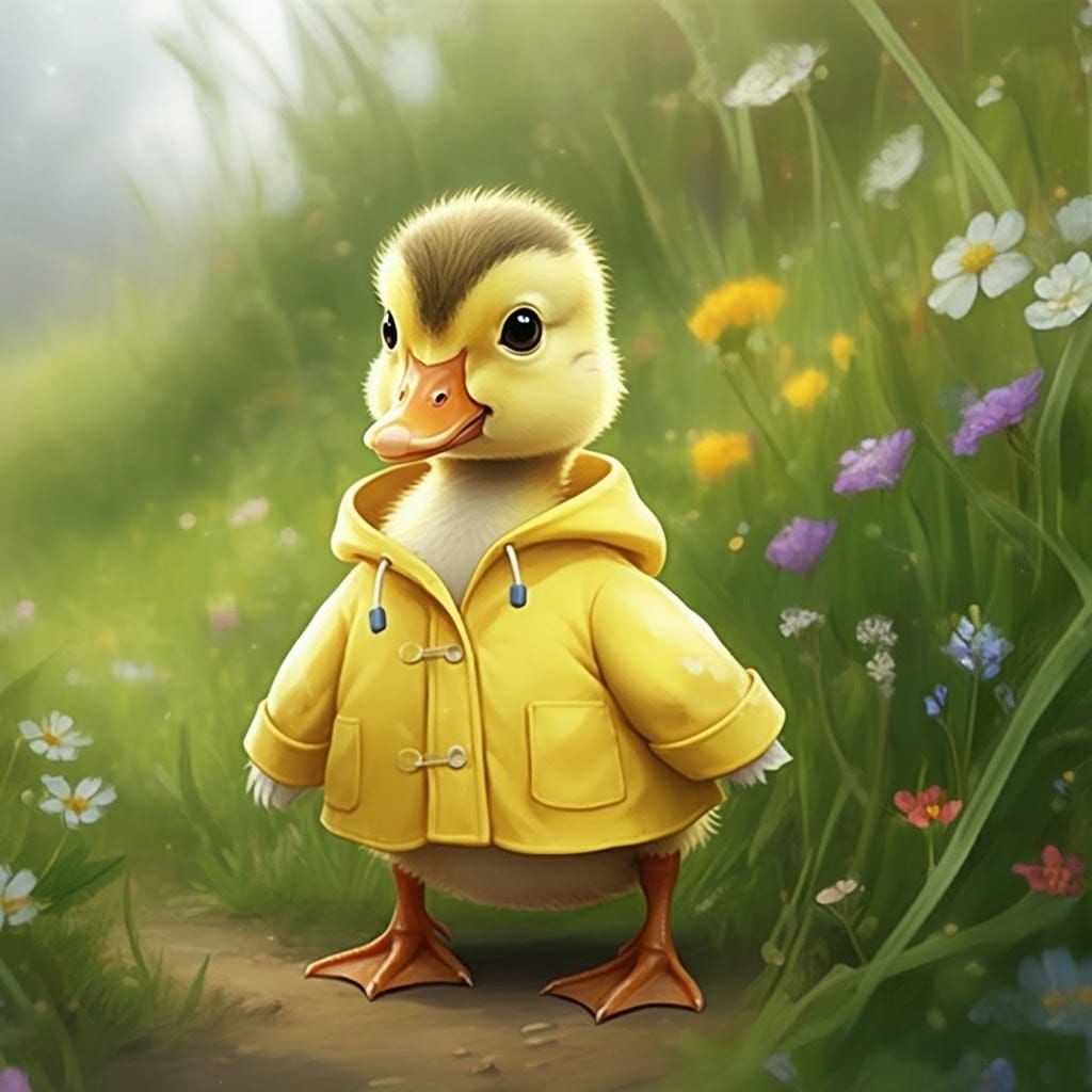 Duckling in Raincoat, Storybook Illustration