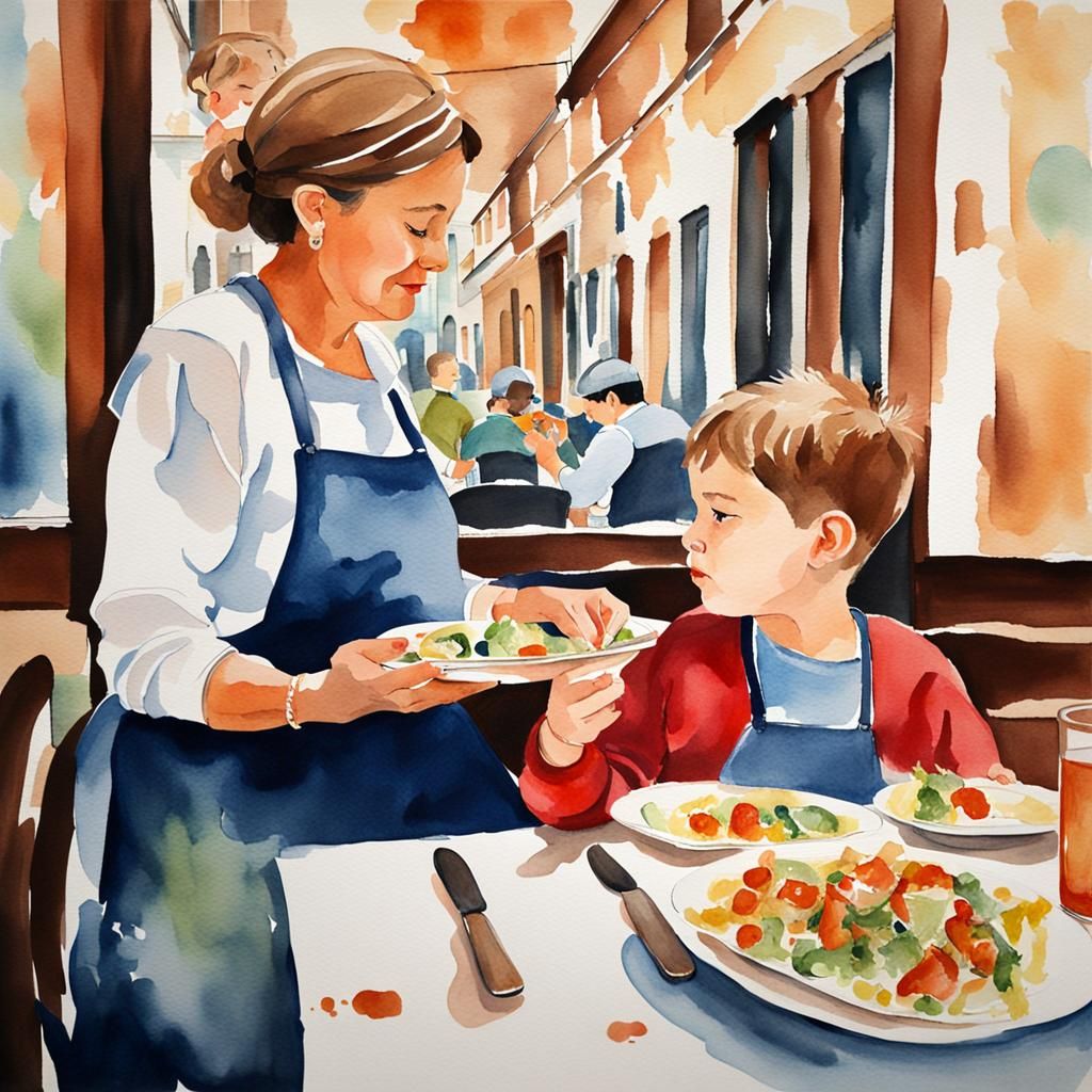 Watercolor Mother and Son in Italian Restaurant