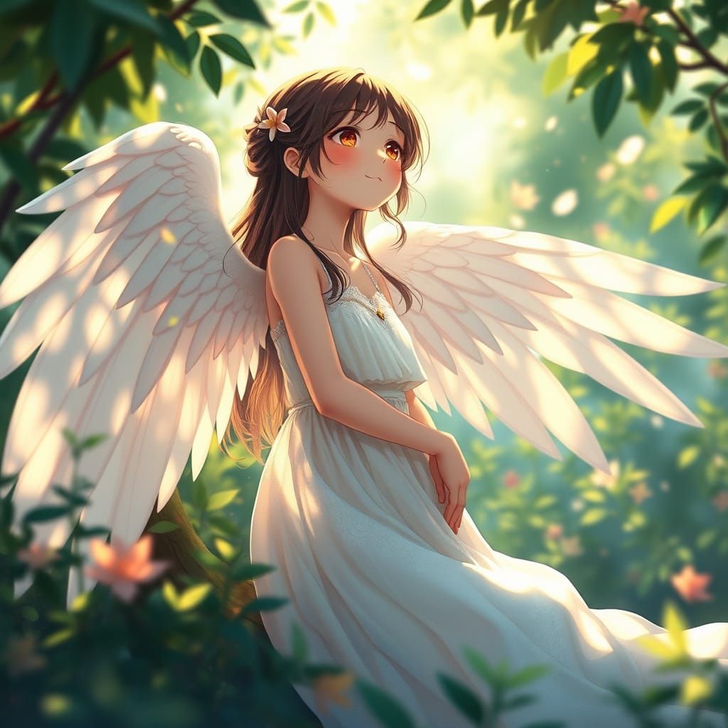 Ethereal Angel Girl in Lush Greenery