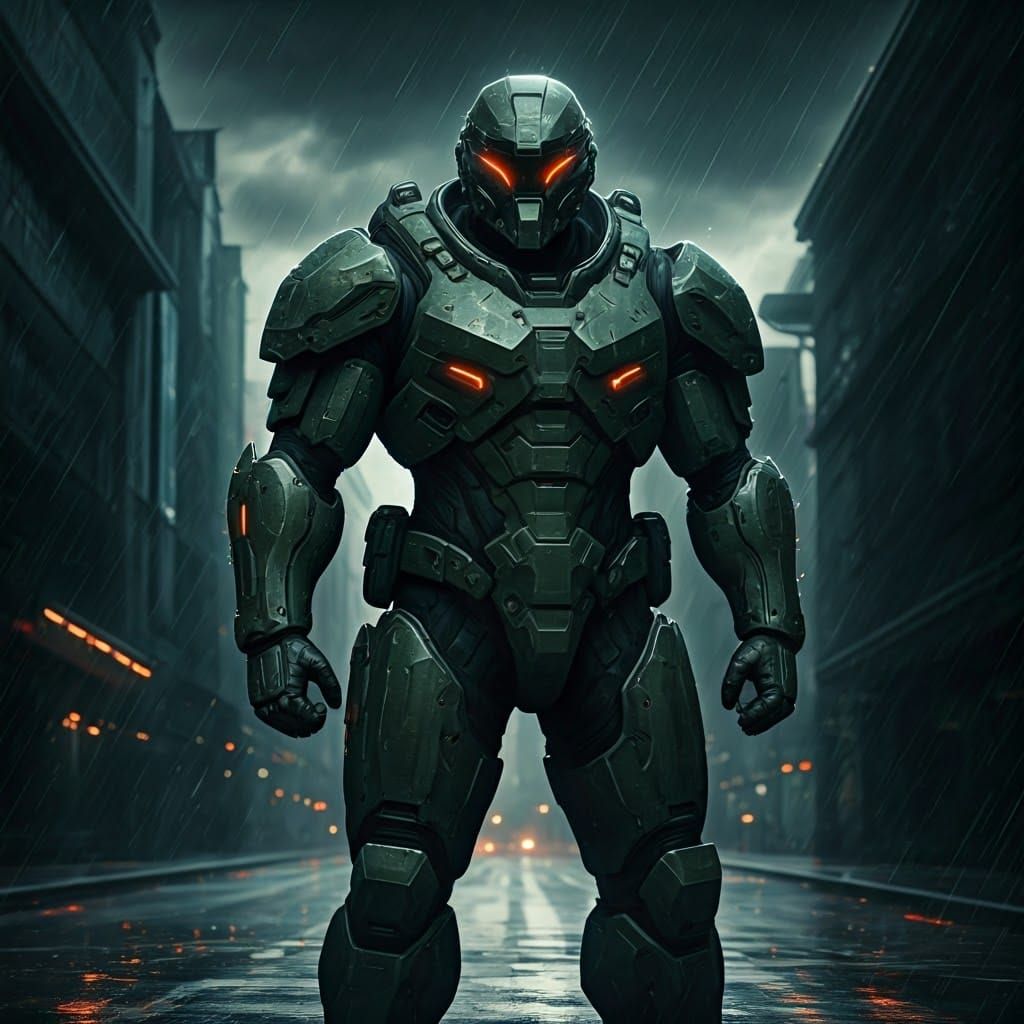 Futuristic Soldier in Advanced Armor on Rainy Street