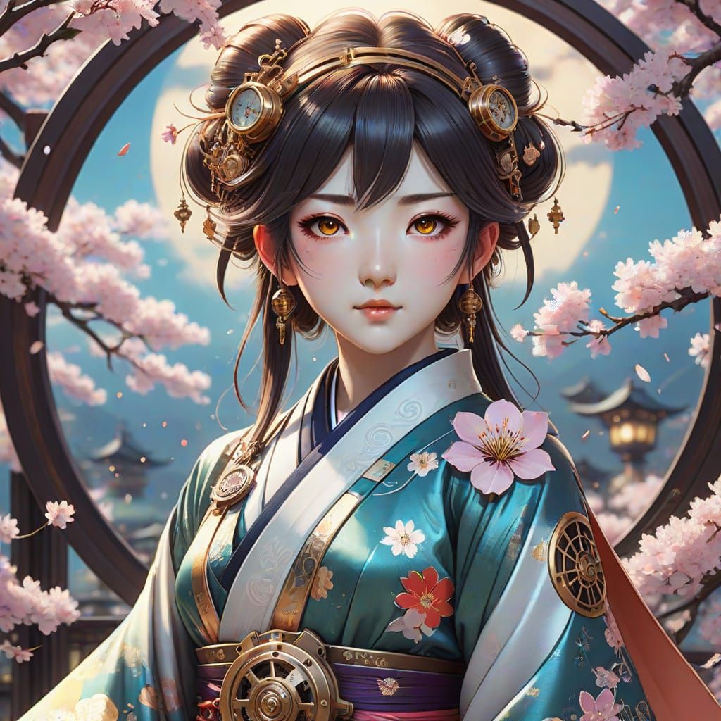 Steampunk Amaterasu Goddess with Iridescent Kimono and Cherr...