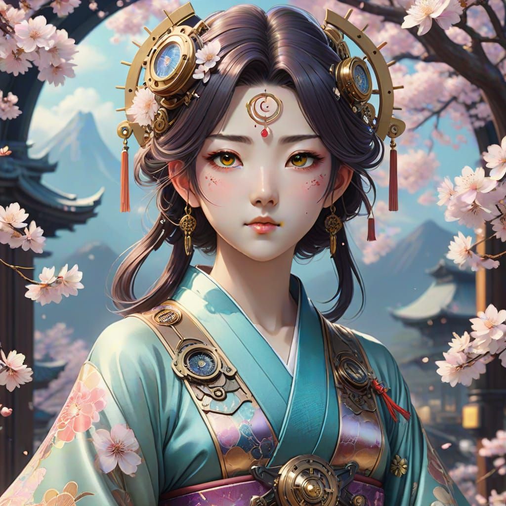 Steampunk Amaterasu in Iridescent Kimono with Cherry Blossom...