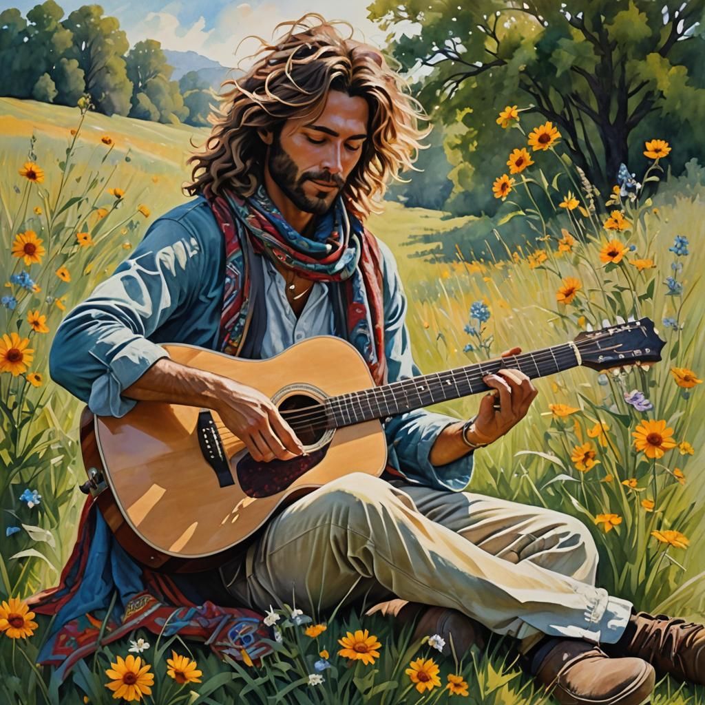 Bohemian Man in Sun-Dappled Meadow as Acrylics Painting
