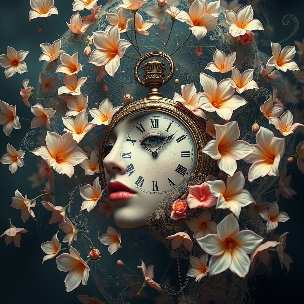 Dreamlike Beauty with Pocket Clock Face and Whirling Flowers...