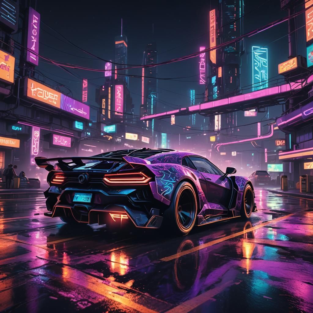 Cyberpunk Racing Car on Neon Track at Night