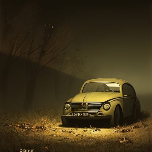 Abandoned Beetle on Empty Road: Gothic Horror