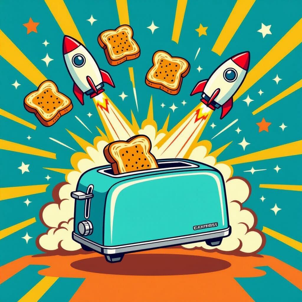 Toaster Launches Bread Rockets in Cartoon Vector Style