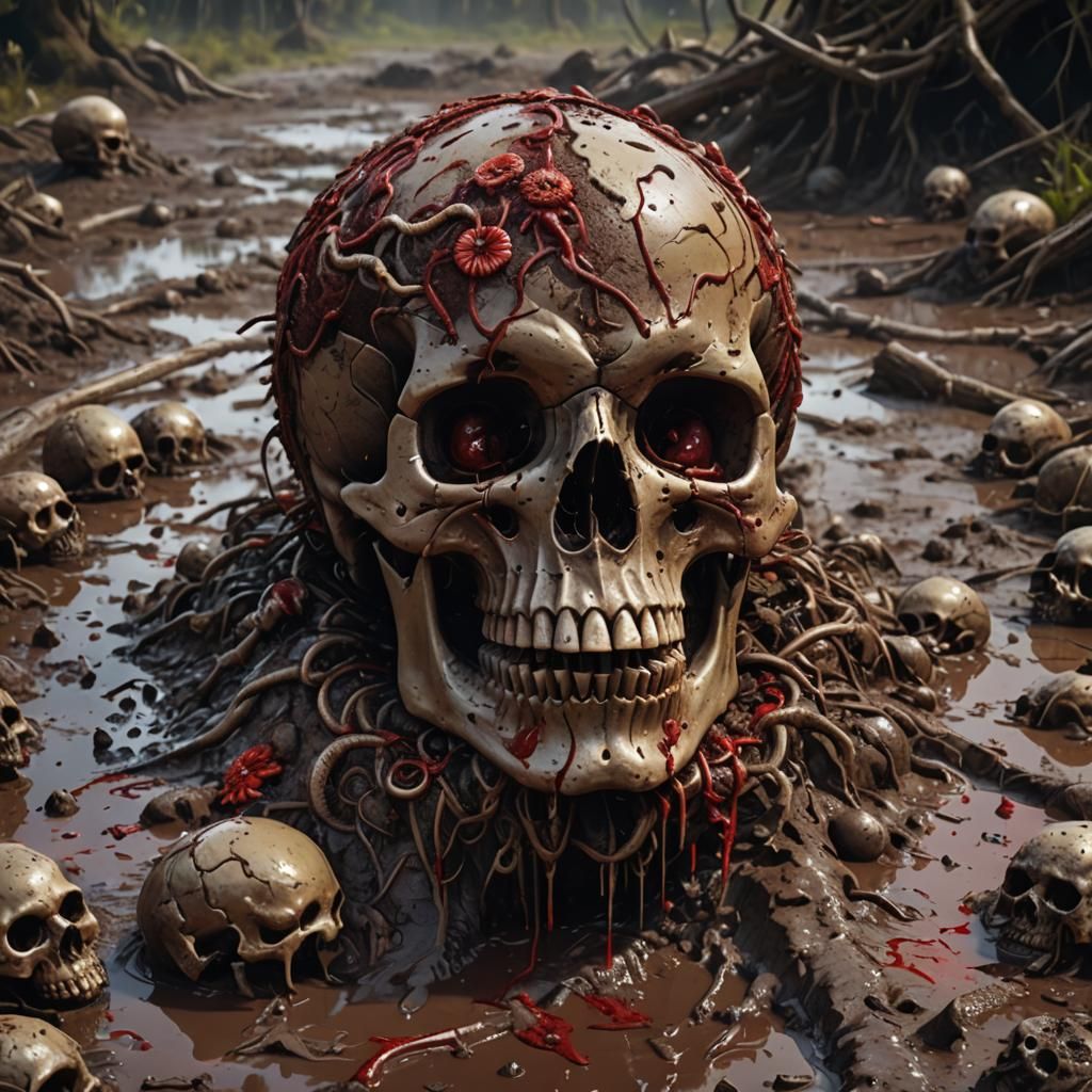 Skull in Mud with Worms, Detailed Matte Painting