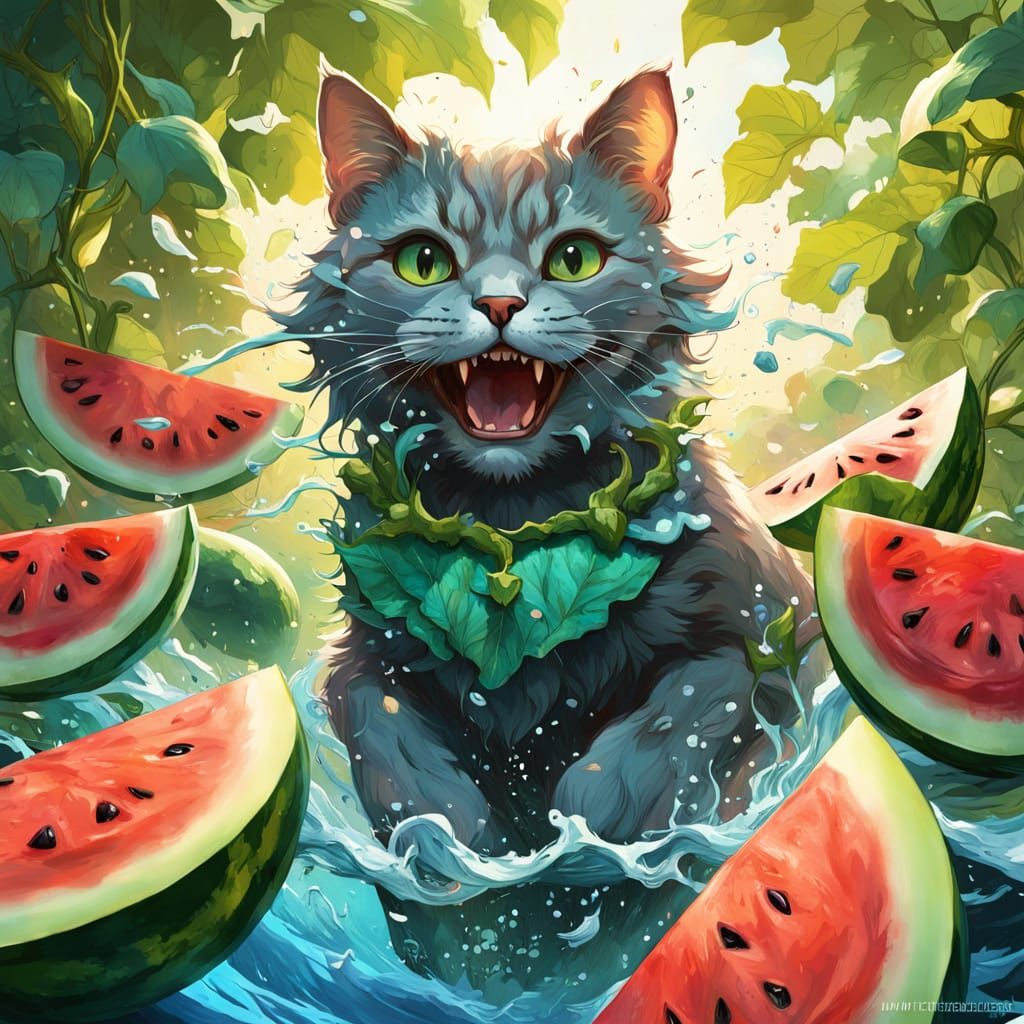 Whimsical Cat Dives into Juicy Watermelon