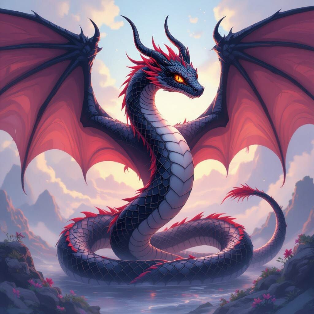 Fantasy Black Snake with Dragon Wings in Anime Style
