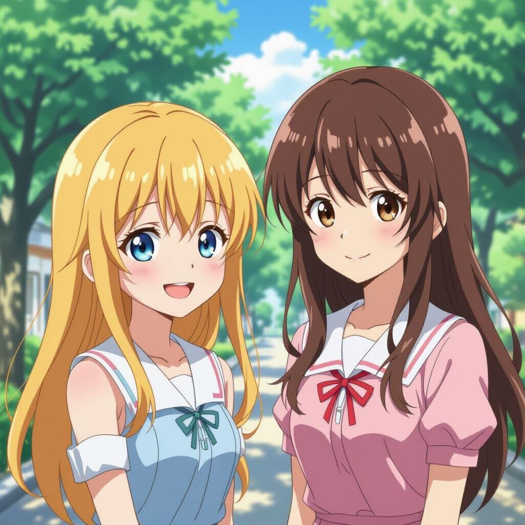 Anime Sisters, Blonde and Brown Hair, Vibrant Pastel Colors