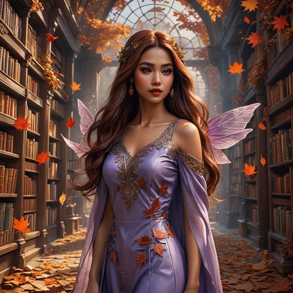 Auburn-Haired Woman with Fairy Wings in Library