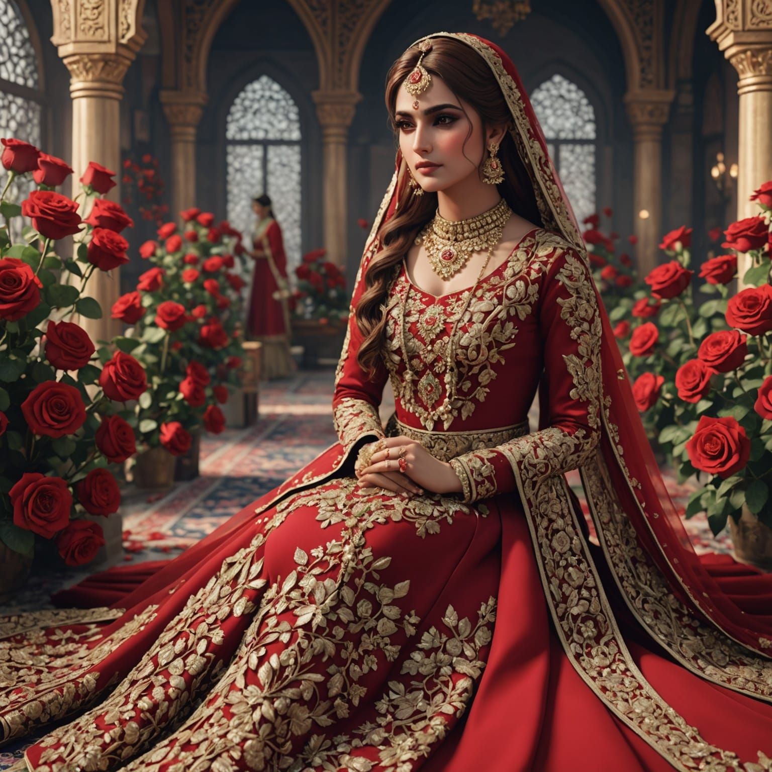 Pakistani Bride in Red Dress: Anime-Inspired 3D Art