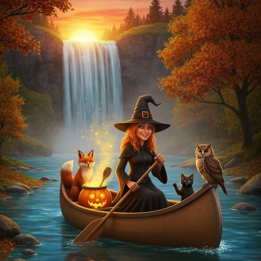 Friendly Witch Paddling Canoe in Autumn Forest River