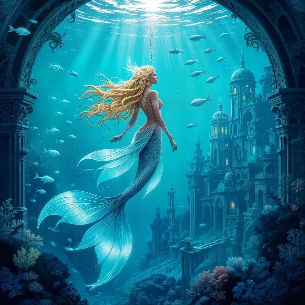 Bioluminescent Underwater City with Merfolk