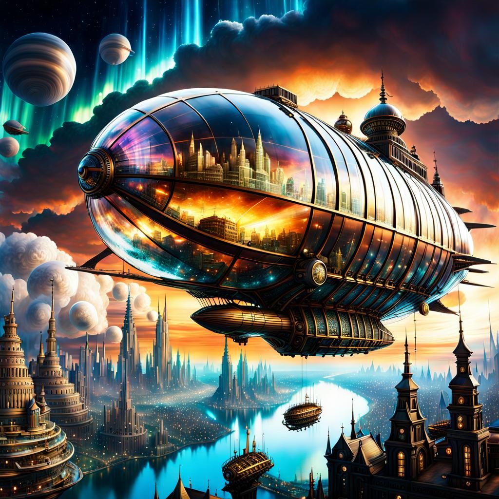 Steampunk City Inside Glass Airship in Aurora Space