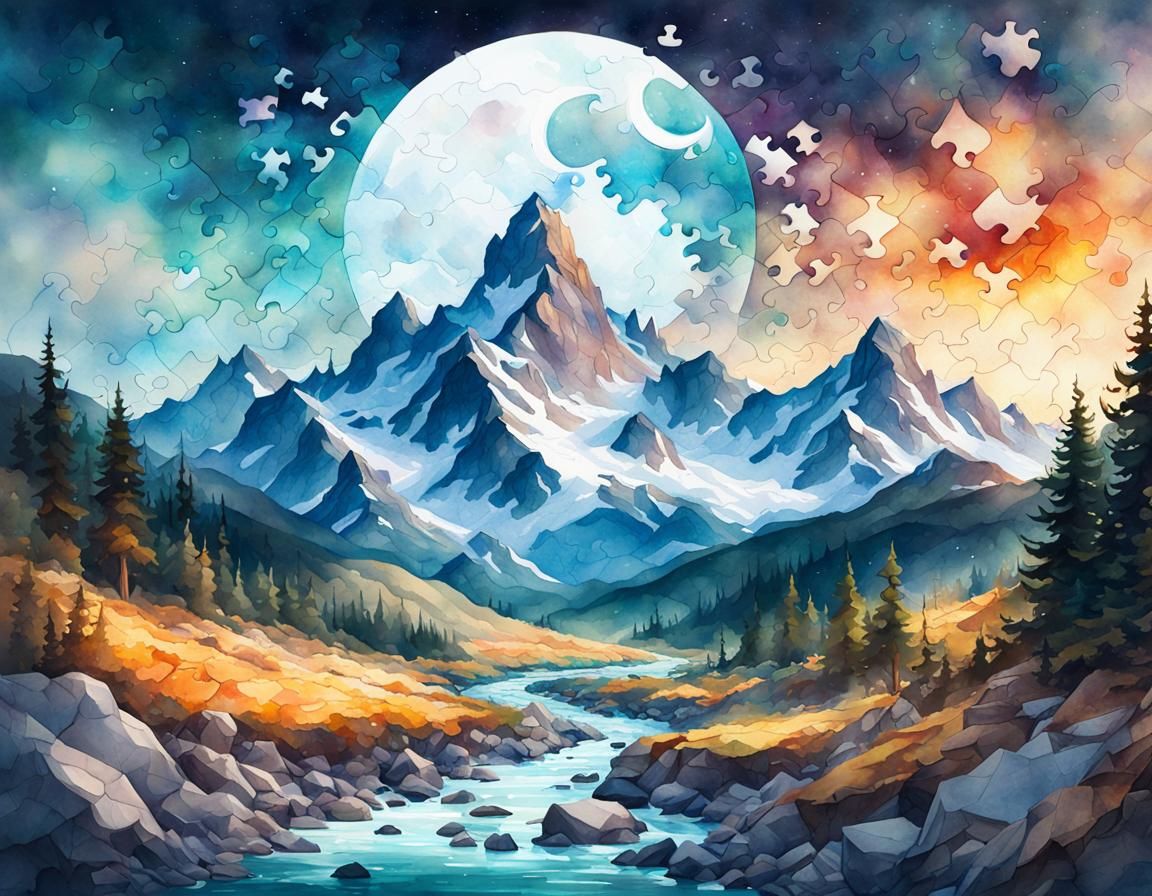 Watercolor Landscape with Puzzle Piece Moon